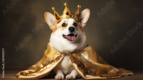 wearing costume pretty dog corgi crown space copy background white cute royal animal royals king queen mantle puppy cardigan welsh pet funny wear gold decorated stone ermine adorab photo