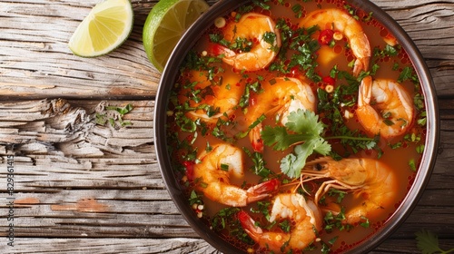 A bowl of Thai Tom Yum soup with shrimp, lime, and herbs on a rustic wooden table Closeup photo