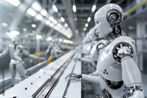 Humanoid robots in an assembly line within an industrial factory, focused on manufacturing tasks with intricate details.