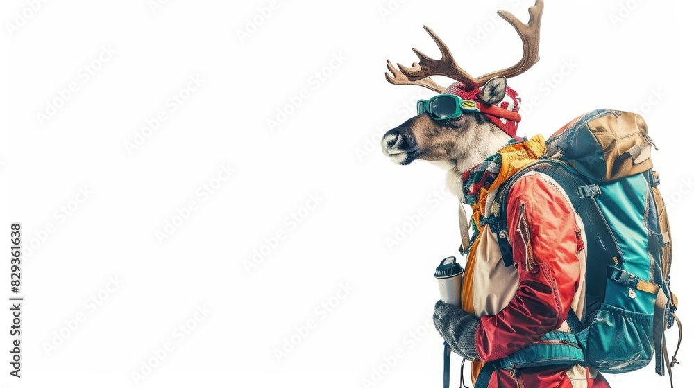 Fototapeta premium A caribou dressed as a mountaineer, with climbing gear and a backpack, on a solid white background with copy space