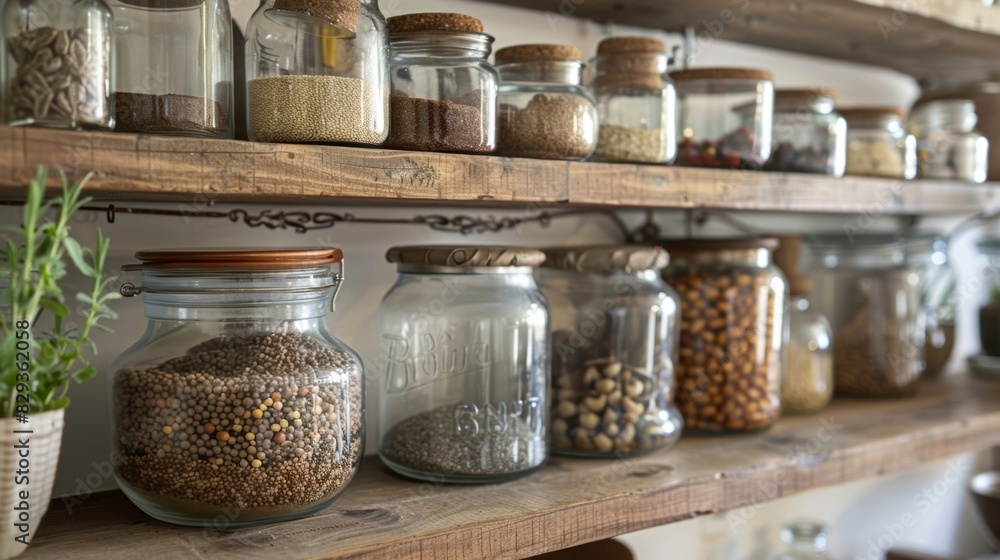 A collection of glass jars turned into a chic and practical kitchen storage solution for es or dry goods. A collection of glass jars turned into a chic and practical kitchen storage solution for es or dry goods.