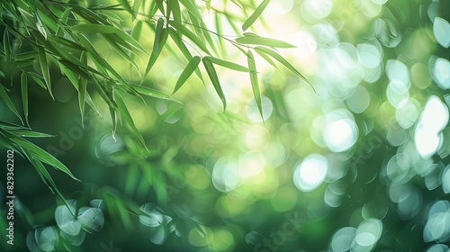 Bamboo forest and green meadow grass with natural light in blur style. Bamboos green leaves and bamboo tree with bokeh in nature forest. Nature pattern view of leaf on blurred greenery background photo