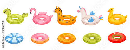 Swimming ring set. Summer pool rubber rings. Donuts, flamingo, unicorn, vector illustration. On white background