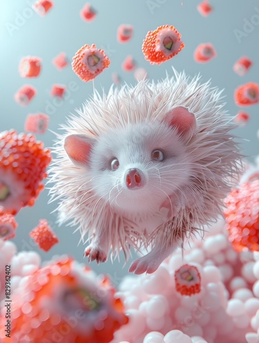 Levitating hedgehog enjoys floating sushi amidst a pastel-colored backdrop