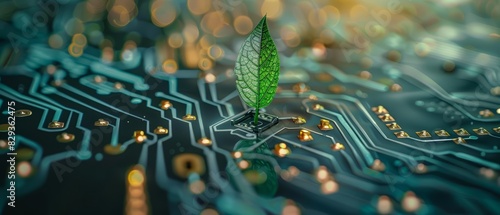 A fresh green leaf growing out of a circuit board, symbolizing the concept of green technology Closeup photo