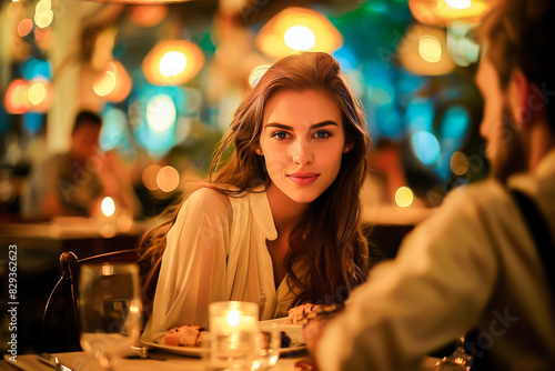 A beautiful young woman enjoying a romantic dinner at a stylish restaurant, illuminated by soft candlelight.