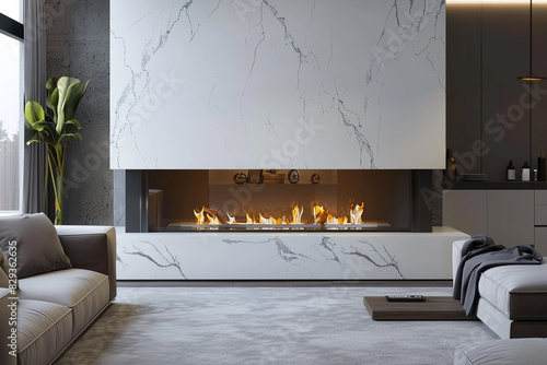 Elegant white marble fireplace in a modern living room with minimalist decor  providing a luxurious and cozy focal point
