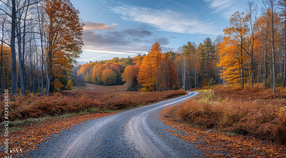 A panoramic autumn scene featuring a forest road meandering through a serene woodland with colorful trees and a clear blue sky. Generative AI. A panoramic autumn scene featuring a forest road meandering through a serene woodland with colorful trees and a clear blue sky. Generative AI.