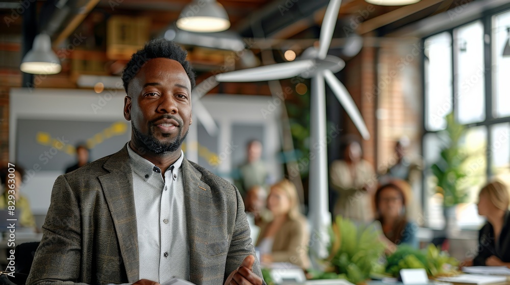 An African American man presenting on the use and potential growth of green energy to colleagues at his office, with model wind turbines and solar panels spread out across tables. Generative AI. An African American man presenting on the use and potential growth of green energy to colleagues at his office, with model wind turbines and solar panels spread out across tables. Generative AI.