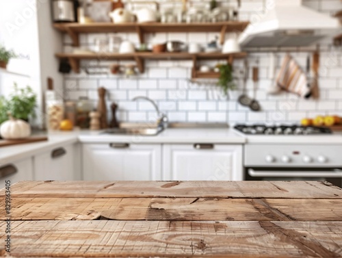 Wooden table top view for product montage over blurred kitchen interior background highlighting a minimalist style with smooth surfaces  monochromatic color scheme  and hidden storage spaces