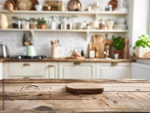 Wooden table top view for product montage over blurred kitchen interior background highlighting a minimalist style with smooth surfaces  monochromatic color scheme  and hidden storage spaces