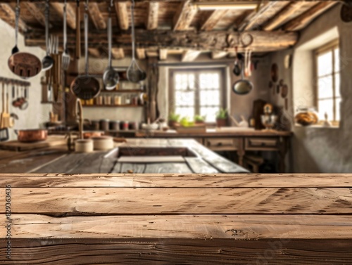 Wooden table top view for product montage over blurred kitchen interior background showcasing a rustic design with exposed wooden beams, vintage utensils, and a farmhouse sink