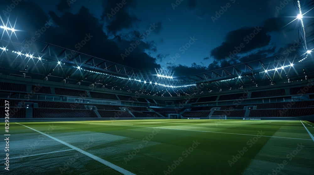 A large, empty soccer stadium illuminated under the night sky A large, empty soccer stadium illuminated under the night sky