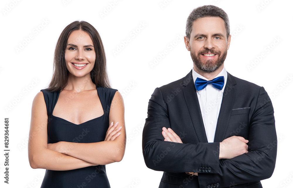 Valentines day. Elegantly dressed couple. Formal man and woman. Couple is posing. Elegant couple in formal wear isolated on white. Woman and man at occasion date. Romantic love. Fashionable partners Valentines day. Elegantly dressed couple. Formal man and woman. Couple is posing. Elegant couple in formal wear isolated on white. Woman and man at occasion date. Romantic love. Fashionable partners