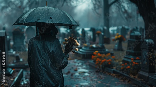 Wallpaper Mural A person figure holding flowers stands under an umbrella in the rain at a cemetery Torontodigital.ca