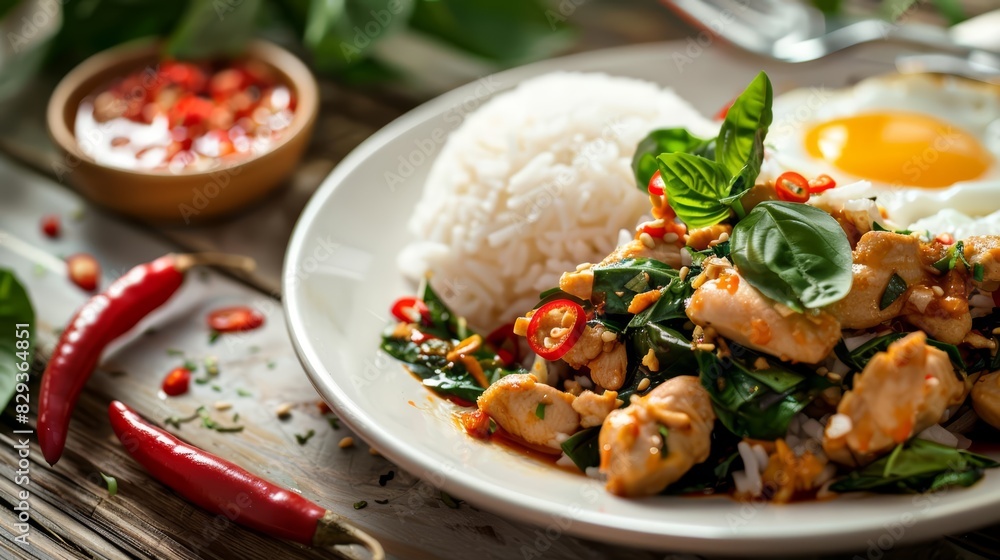 A plate of Thai Basil Chicken with rice and a fried egg, garnished with fresh herbs and red chilies, on a wooden table Closeup A plate of Thai Basil Chicken with rice and a fried egg, garnished with fresh herbs and red chilies, on a wooden table Closeup