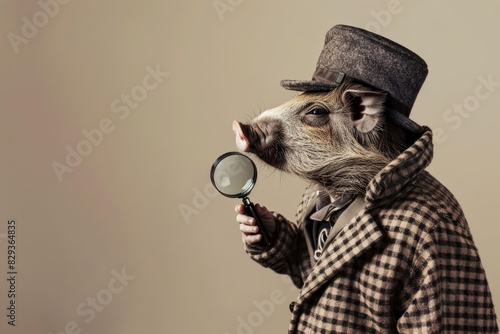 A peccary in a detectives outfit, with a magnifying glass and deerstalker hat, on a solid beige background with copy space photo