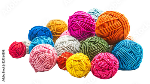 Many colorful balls of cotton and wool yarn for knitting isolated on transparent background 