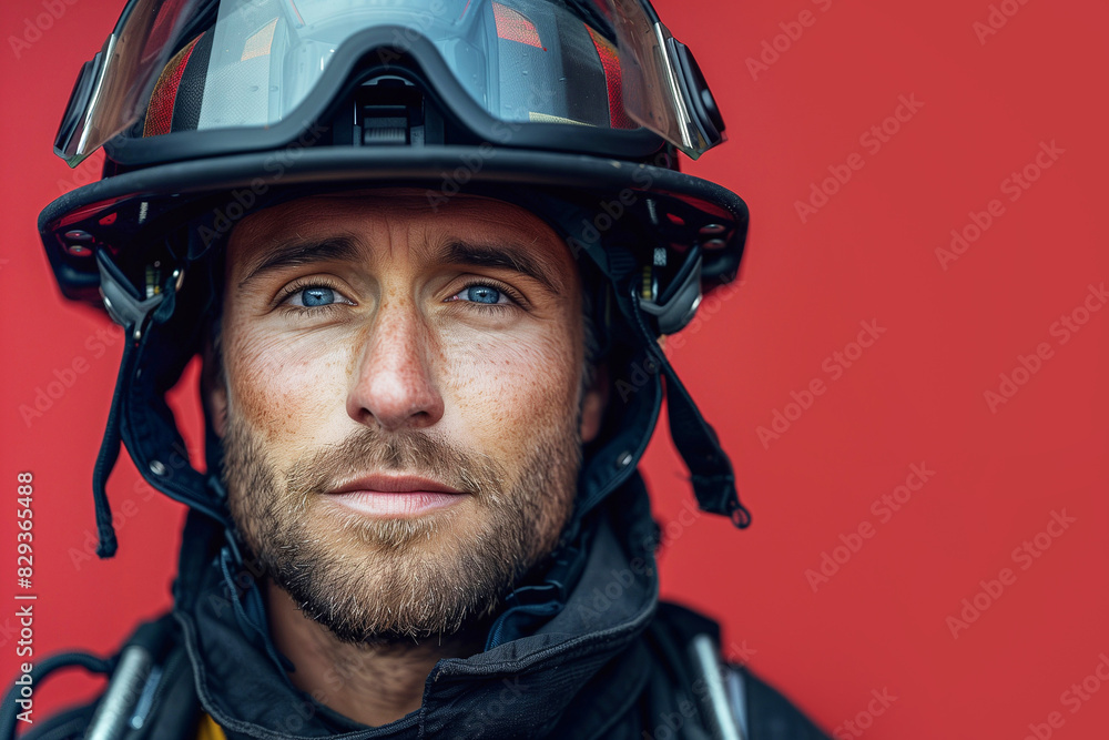 Portrait of a young firefighter on red background front view with copy space. Portrait of a young firefighter on red background front view with copy space.