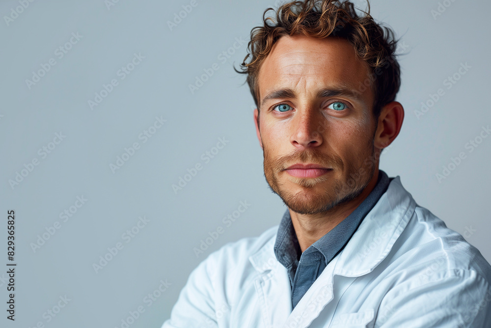 Portrait of a young male doctor or scientific worker in white coat on a gray background. Portrait of a young male doctor or scientific worker in white coat on a gray background.