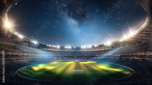 Under the twinkling stars, the stadium radiates a sense of grandeur and anticipation, inviting fans to gather and witness thrilling sporting events unfold on its pristine turf. photo