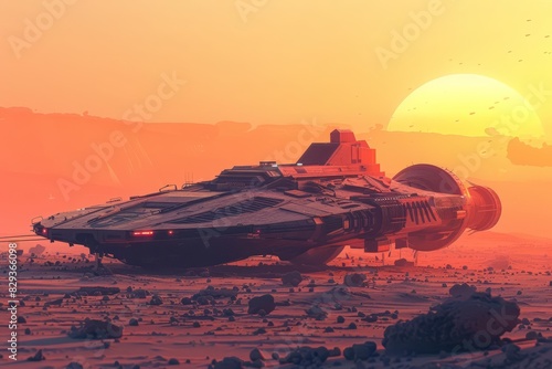 A spaceship  abandoned on a desolate plain  glimmered in the fading light of a binary sunset  against a rocky landscape with blurry background  scifi photo  Sharpen banner