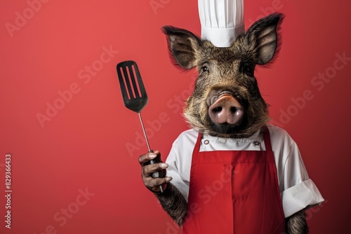 A wild boar dressed as a chef, with a toque and apron, holding a spatula, against a solid maroon background with copy space