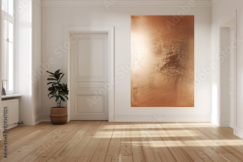Minimalist copper wall art in a Scandinavianstyle living room with light wood floors and white walls, adding a touch of warmth and elegance
