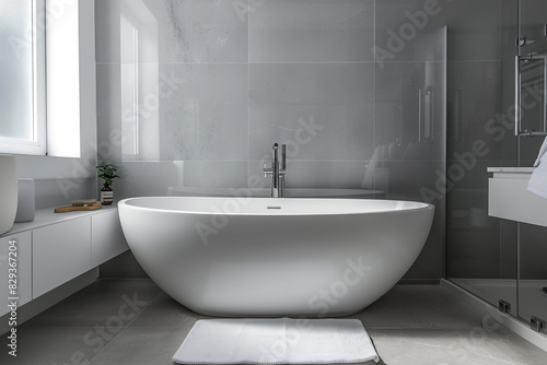 Minimalist white ceramic bathtub in a modern bathroom with sleek fixtures and neutral decor  providing a clean and stylish look