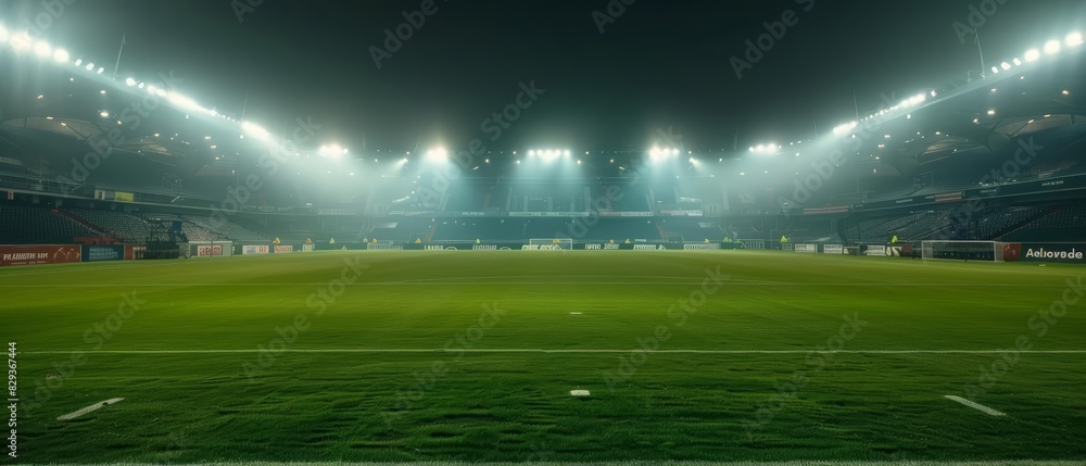An empty soccer stadium viewed from the center of the field at night, with bright stadium lights Closeup An empty soccer stadium viewed from the center of the field at night, with bright stadium lights Closeup