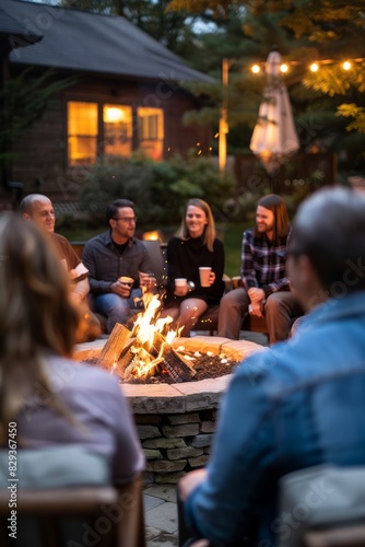 Professional Photography of coworkers gathered around a fire pit in a backyard or outdoor patio, toasting marshmallows and sharing, Generative AI