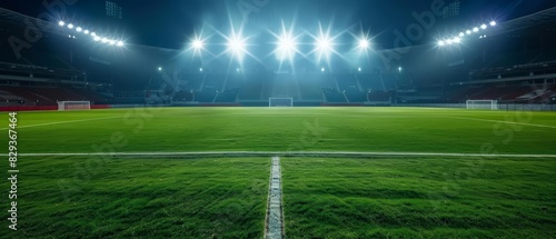An empty soccer stadium viewed from the center of the field at night, with bright stadium lights Closeup © JK_kyoto