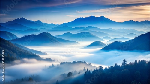 Misty Mountain Blur: A cool, bluish blurred background that suggests distant mountains shrouded in mist.  © No