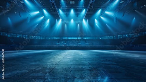 An empty sports arena with bright blue stage lights shining down on the floor photo