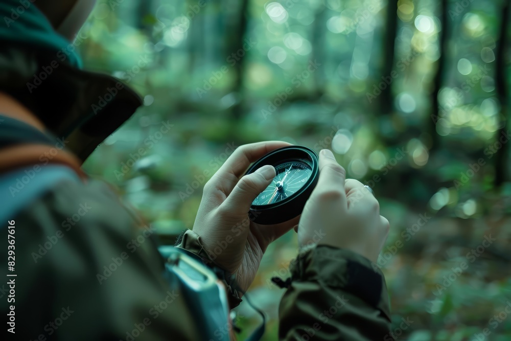 An orienteering athlete checks their compass An orienteering athlete checks their compass