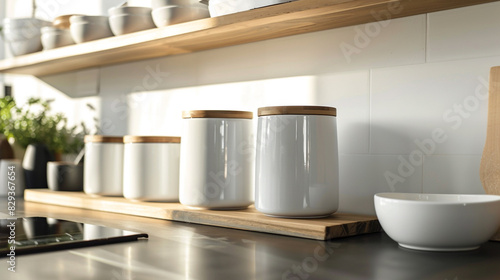 Minimalist white ceramic kitchen canisters on a sleek wooden shelf in a modern kitchen  providing a functional and stylish storage solution