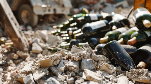 A pile of used wine bottles being crushed and mixed into concrete demonstrating the concept of upcycling in construction.