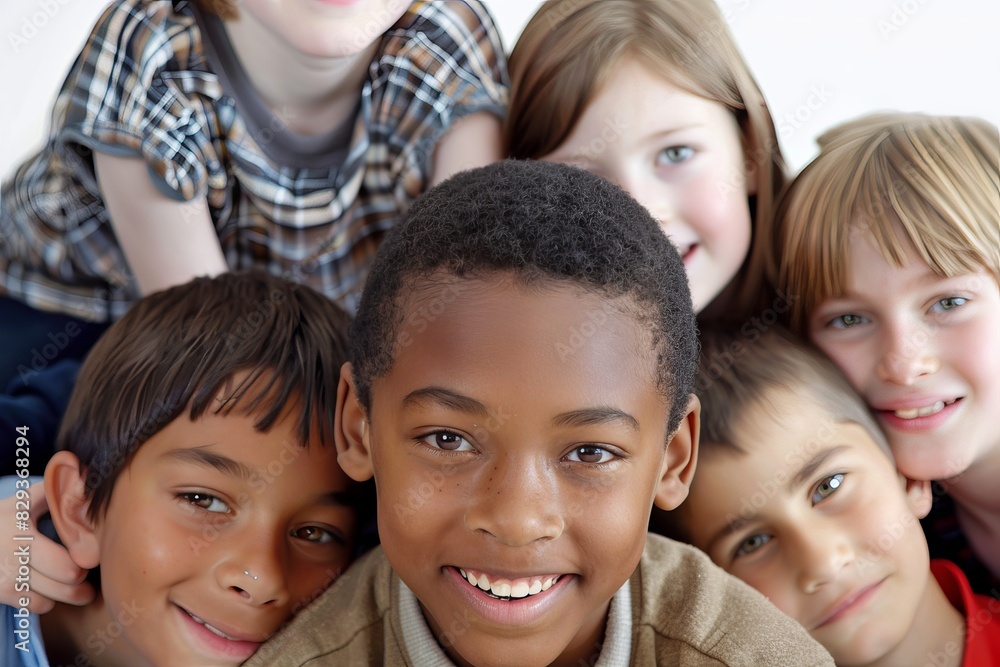 Group of children in a circle smiling at the camera on a white background Group of children in a circle smiling at the camera on a white background
