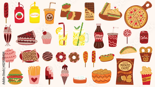 Fast food snacks and treats elements set. Burger, burrito, cake, chips, cookies, cupcake, donuts, fries, ice cream, pizza, pretzel, sandwich, soda, taco and more. Hand drawn vector illustrations.
