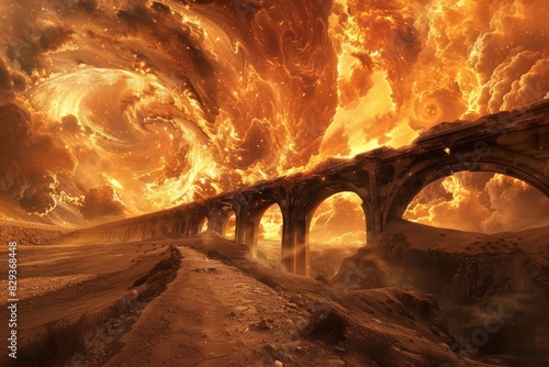 Collapsing bridges, spanned a dry riverbed, under a sky filled with swirling orange clouds, amidst an arid landscape with blurry background, scifi photo, Sharpen banner photo