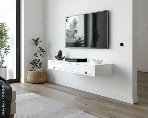 Minimalist white floating media console in a modern living room with clean lines and neutral tones  providing stylish and functional storage