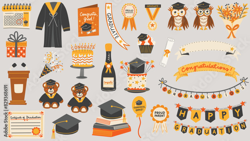 School graduation elements set. Congratulatory messages, greeting card, cake, champagne, graduation teddy bear, graduation owl. Hand drawn vector illustrations.