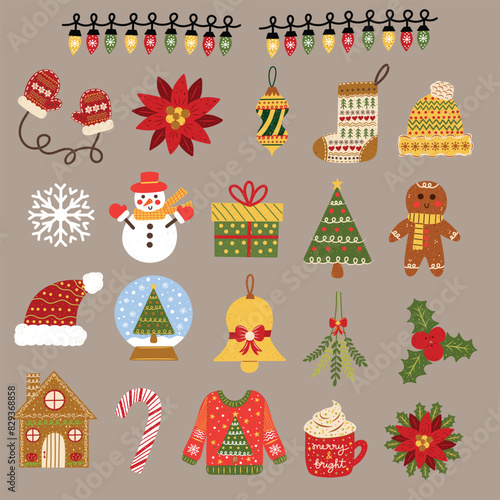 Christmas doodles set featuring Christmas lights, Christmas tree, gingerbread house, gingerbread man, snowflake, snowman, ugly sweater and more. Hand drawn vector illustrations.