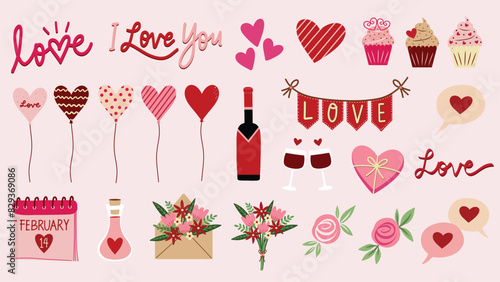 Romantic Valentine's Day elements set. Bouquet of flowers, cupcakes, February 14 calendar, heart balloons, heart doodles, love letters, roses. Hand drawn vector illustrations.