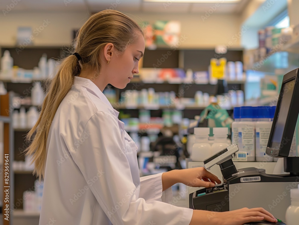 Female pharmacist in white coat working at a pharmacy counter, surrounded by medicine shelves.