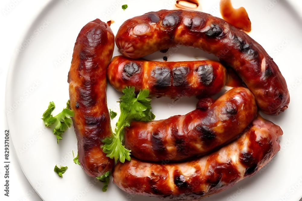 Grilled sausages on a white plate, served hot and sizzling, ready to be enjoyed as a delicious meal. Grilled sausages on a white plate, served hot and sizzling, ready to be enjoyed as a delicious meal.
