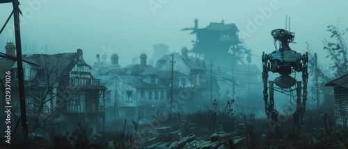 Rusting robots, wandered aimlessly through a ghost town, shrouded in a misty blue haze, with broken down houses with blurry background, scifi photo, Sharpen banner photo