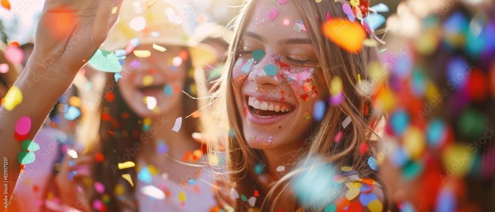Students celebrating spring break with colorful festivities, close up, with a blurry background Students celebrating spring break with colorful festivities, close up, with a blurry background