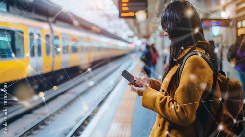 side view woman holding her phone and standing in the station platform, next to a train look at modern technology elements like mobile apps that improve rural transit services.