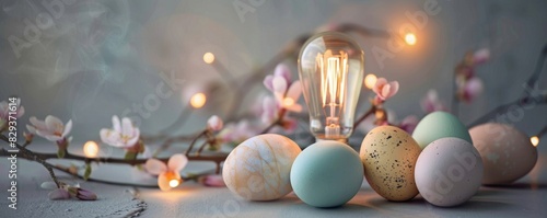 Light bulbs and pastel eggs create a balanced and harmonious image, and the overall composition encourages feelings of creativity and calm. photo